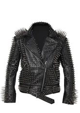 Men SPIKED Studded BLACK Leather Jacket Brando Full Steampunk Rocker Silver Long Spikes
